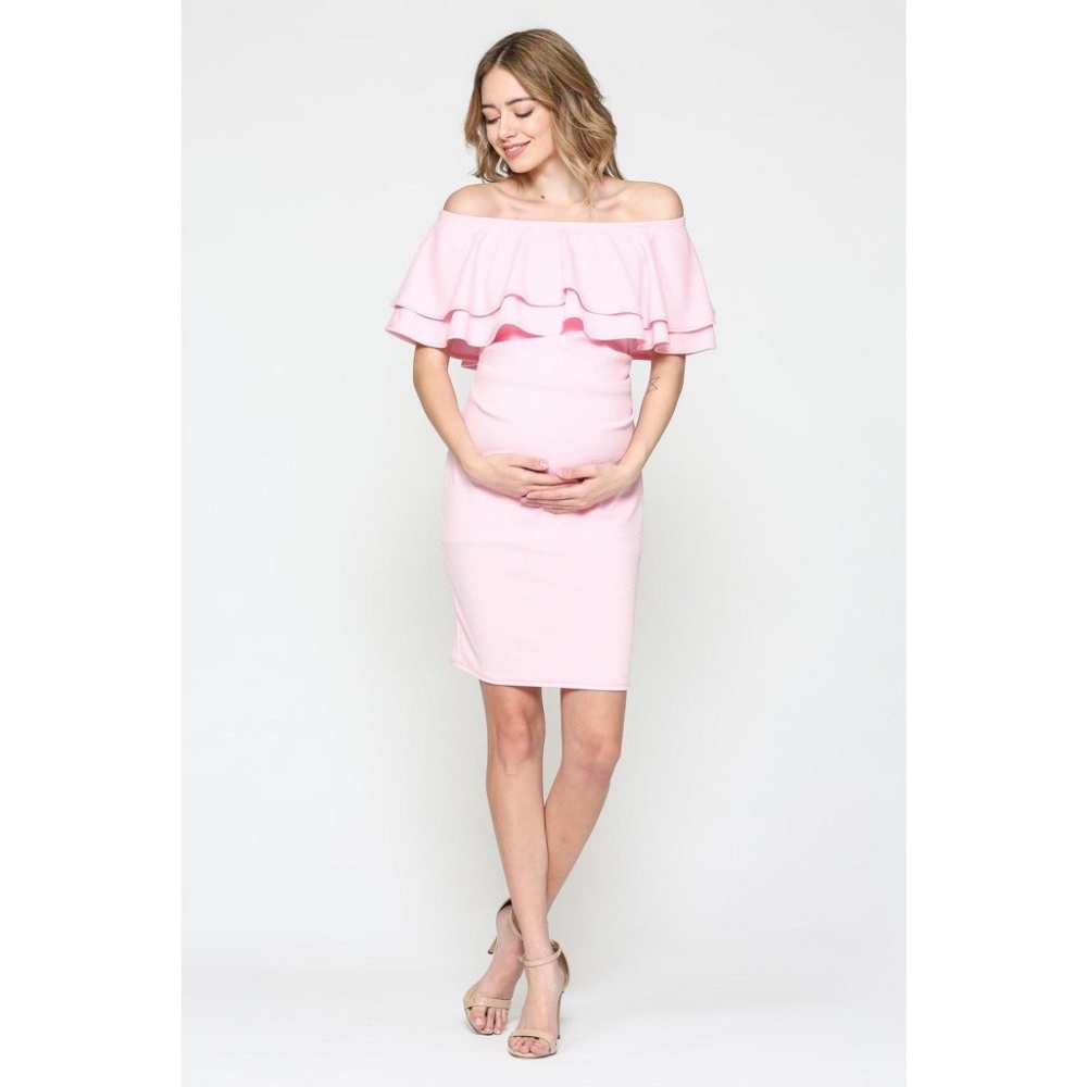 Off Shoulder Double Ruffle Maternity Dress